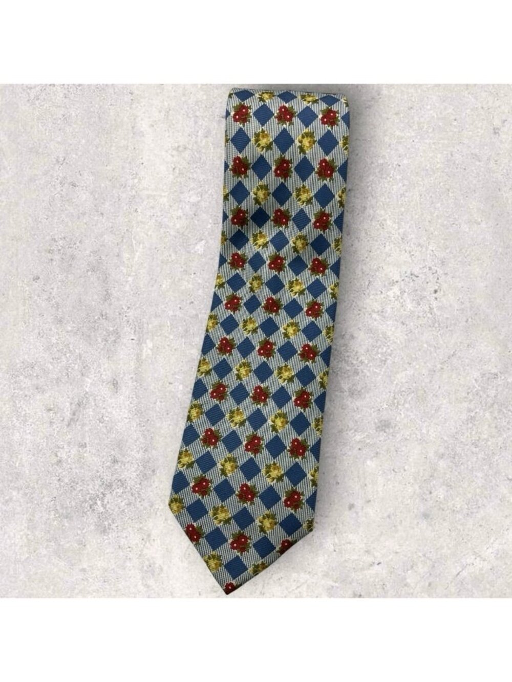BORBONESE Silk Tie ITALY Blue Gray Tartan Floral W:3.8" EUC